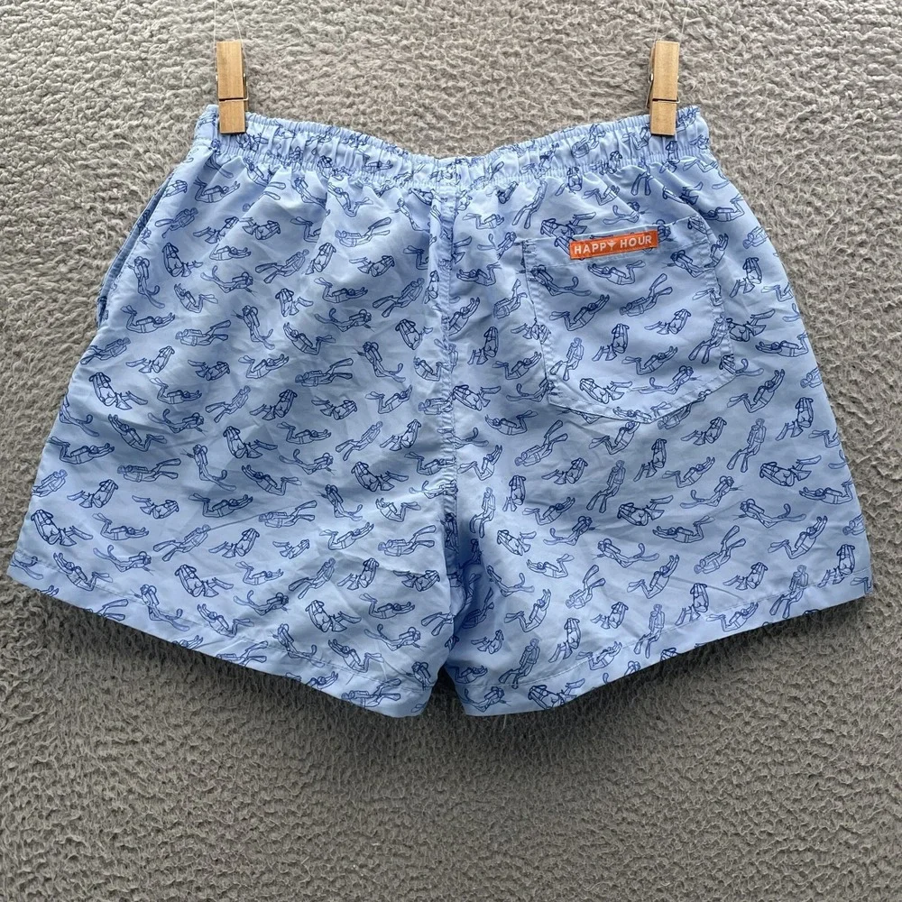 Happy Hour Swim Shorts Men Large Blue Scuba Diver Board Trunks Beach Preppy Surf